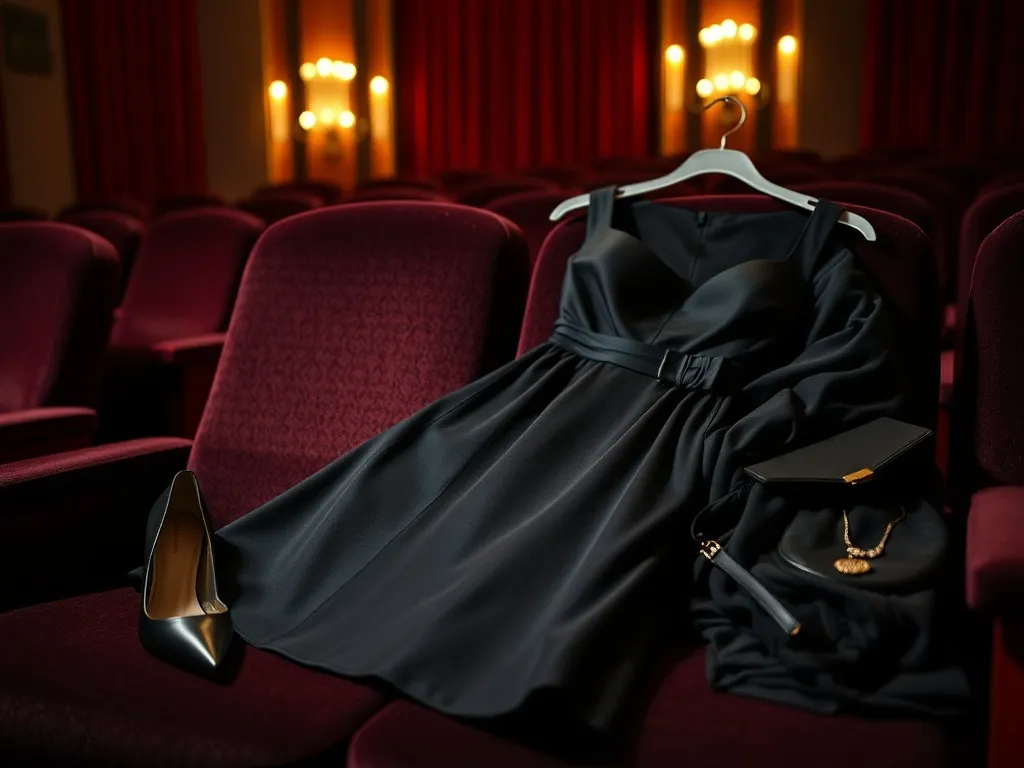 Elegancka czarna sukienka, szpilki i kopertówka ułożone na fotelu w teatrze, podkreślające wieczorowy, glamour dress code.
