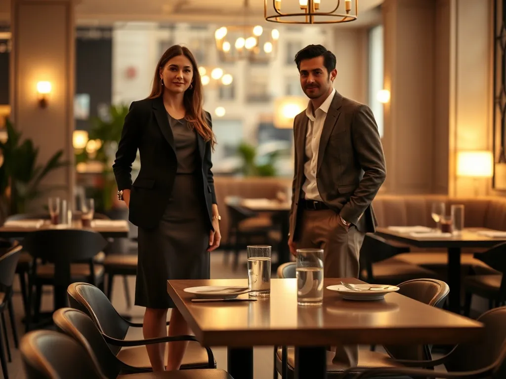 Elegancka para przy stoliku w restauracji, przykład swobodnego, lecz schludnego stroju na obiad na mieście